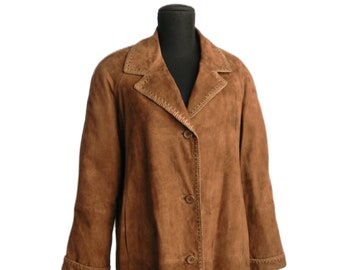 Women's Real Leather Long Coat. Goat Suede Color Cognac. 80 Style, Made in Italy. New with Labels