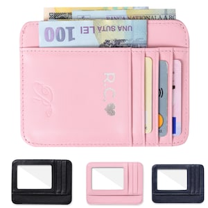 Cartera de tarjeta de cuero genuino con nombre en relieve, personalizado, 10 bolsillos para tarjetas, tarjetero, multicolor, diseño minimalista