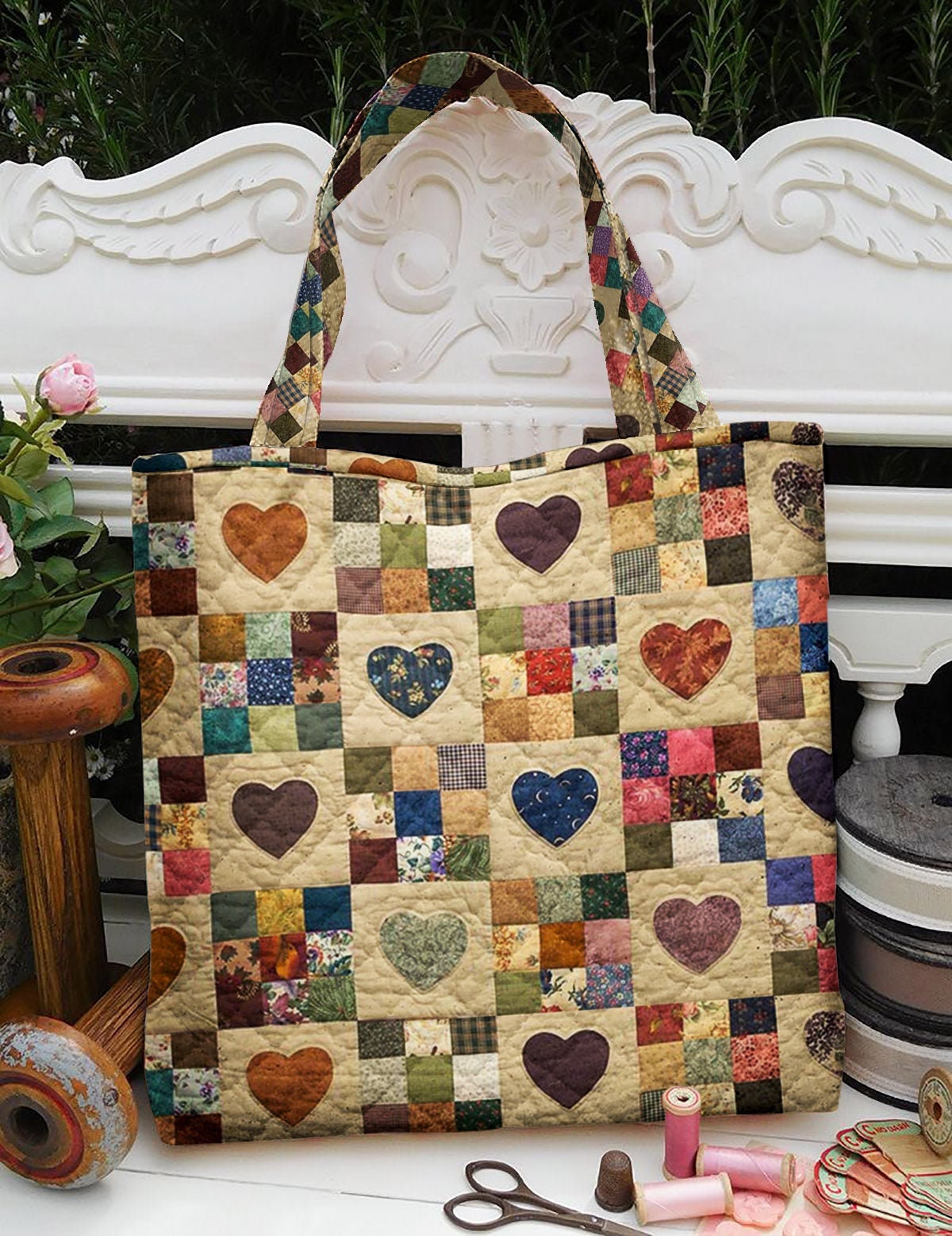 Heart Amish Block Quilted Tote Bag