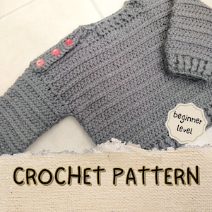 Könnte beinhalten: Grauer Häkelpullover mit roten Knöpfen, Häkelanleitung für Anfänger.