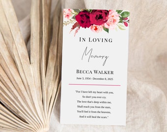 Editable Funeral Favor Tag Template, Funeral Keepsake, Funeral Favors, Pink Rose