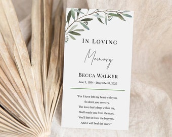 Editable Funeral Favor Tag Template, Funeral Keepsake, Funeral Favors, Simple Greenery