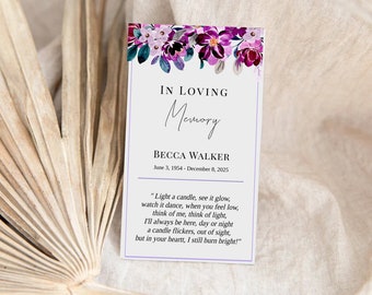 Editable Funeral Favor Tag Template, Funeral Keepsake, Funeral Favors, Purple Floral
