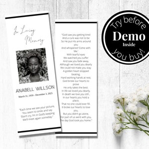 Editable Funeral Bookmark Template, Funeral Keepsake, Funeral Favors