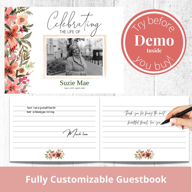 Editable Funeral Guest Book Template, Funeral Favors, Celebration of