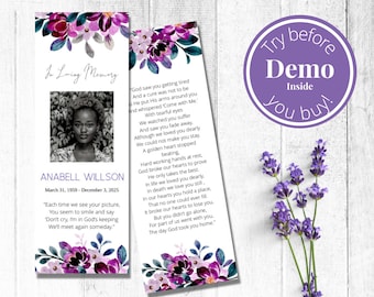 Editable Funeral Bookmark Template, Funeral Keepsake, Funeral Favors