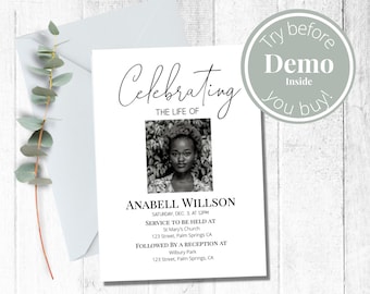 Funeral Invitation, Editable Funeral Announcement, In Loving Memory Card, Funeral Favors