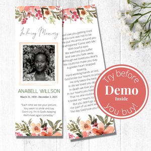 Editable Funeral Bookmark Template, Funeral Keepsake, Funeral Favors