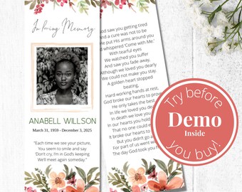 Editable Funeral Bookmark Template, Funeral Keepsake, Funeral Favors