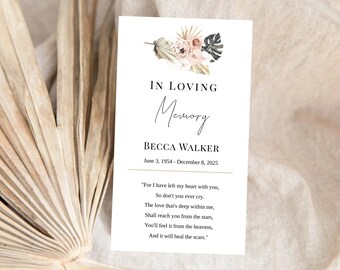 Editable Funeral Favor Tag Template, Funeral Keepsake, Funeral Favors, Boho Floral