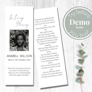 Editable Funeral Bookmark Template, Funeral Keepsake, Funeral Favors