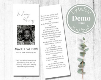 Editable Funeral Bookmark Template, Funeral Keepsake, Funeral Favors