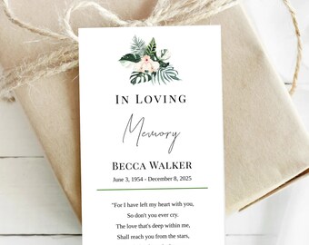 Editable Funeral Favor Tag Template, Funeral Keepsake, Funeral Favors, Tropical Floral