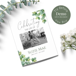 Puede incluir: Un folleto conmemorativo blanco con un diseño de hojas verdes y una foto en blanco y negro de una mujer. El texto dice "Celebrating the Life of Susie Mae June 5, 1979 - July 6, 2025".
