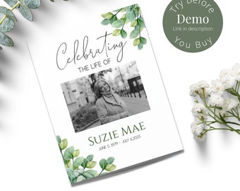 Editable Funeral Program Template, Memorial Program Template, Greenery Memorial Program, Obituary Template