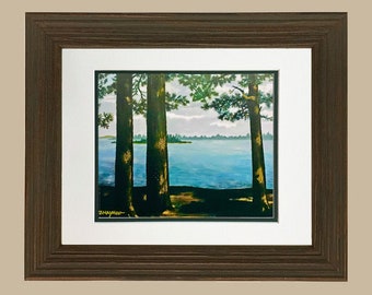 Pine Trees at Water's Edge, Landscape Painting, Canvas or Paper Print