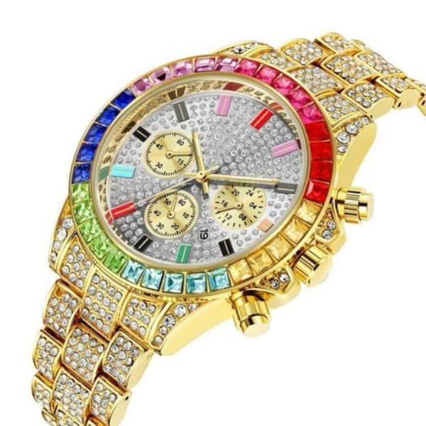 Iced Out Bling Watch Mix Rainbow Color Luxury Diamond Metal Solid Steel Band Watch for Fashion