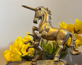 Vintage Brass Unicorn Figurine with Baby: 70s Collectible