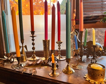 Vintage Solid brass Candleholders leaf, flower, fall decoration, Christmas, dragonfly