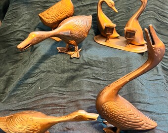 D Swan 2 | Vintage Brass Swan Décor Set – Ornamental Birds for Home Office, Global Charm | Mid-century solid brass collection| Geese family