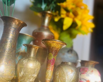 Vintage Brass & Hand-Painted Floral Vases Set | Boho Home Decor | Rustic Antique Bud Vases | Eclectic Shelf Styling | Global Artisan Collect