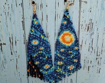 Starry Night Beaded Fringe Earrings – Handmade Celestial Jewelry