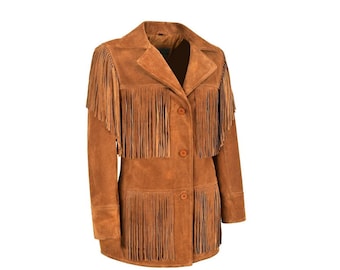 Women Suede Leather Western Style Jacket With Fringe - Brown Suede SWJ-012