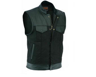 Men Cardura With Black Leather Son Of Anarchy Biker Vest - Motorcycle Waistcoat SBV-005