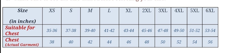 May include: Size chart for clothing, showing chest measurements in inches for different sizes, from XS to 6XL. The chart shows both the suitable chest size and the actual garment chest size.