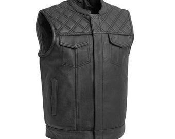 Men's Club Motorbike Leather Vest Mesh Liner Motorcycle Waistcoat - Biker Vest