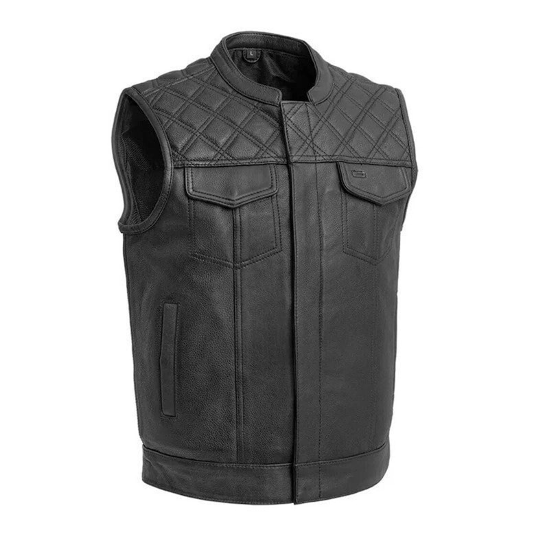 May include: Black leather motorcycle vest with a quilted diamond pattern on the front and back. The vest has a zipper closure and two pockets on the front.