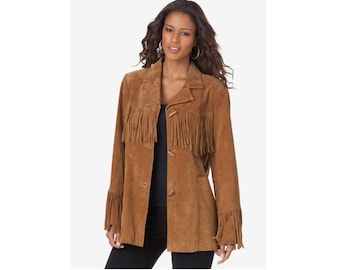 Women Suede Leather Western Style Jacket With Fringe - Brown Suede SWJ-011