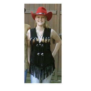 Women Black Western Style Leather Vest Fringe Suede Leather Waistcoat SLW-002