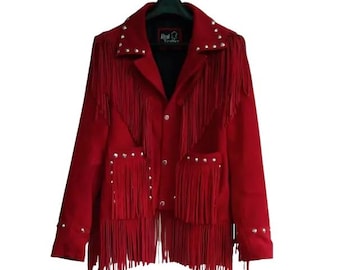 Women Red Suede Leather Western Style Jacket With Fringes SWJ-026