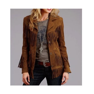 Veste western en cuir suédé pour femme avec franges - Suède marron SWJ-002