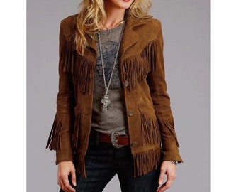 Women Suede Leather Western Style Jacket With Fringe - Brown Suede SWJ-002