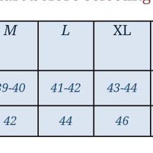 May include: Size chart for clothing, showing chest measurements in inches. The chart lists sizes from XS to 6XL, with corresponding chest measurements for both suitable chest size and actual garment size.