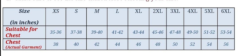 May include: Size chart for clothing, showing chest measurements in inches. The chart lists sizes from XS to 6XL, with corresponding chest measurements for both suitable chest size and actual garment size.