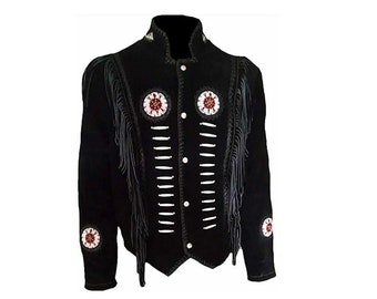 May include: A black suede jacket with fringe detailing and beaded embellishments. The jacket has a stand-up collar and a button closure.