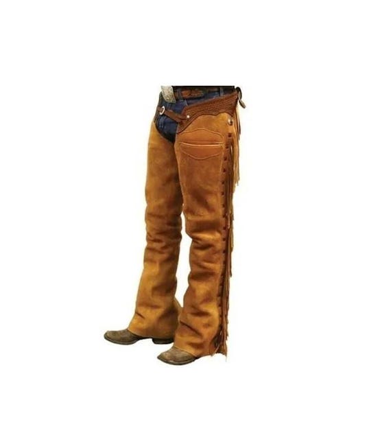 Pantalon Homme Style Amérindien En Cuir Daim Marron, Franges - Taille L, Neuf Sans étiquettes, Look Cowboy Vintage !