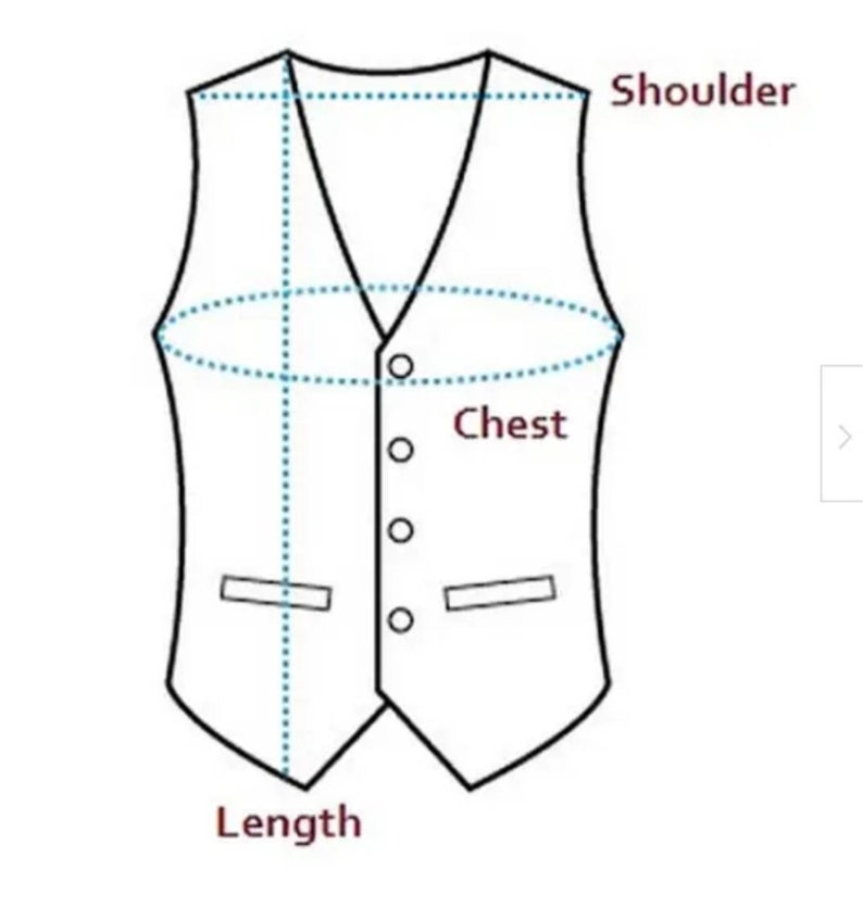 May include: Diagram showing how to measure the shoulder, chest, and length of a vest. The vest is white and has a V-neck.