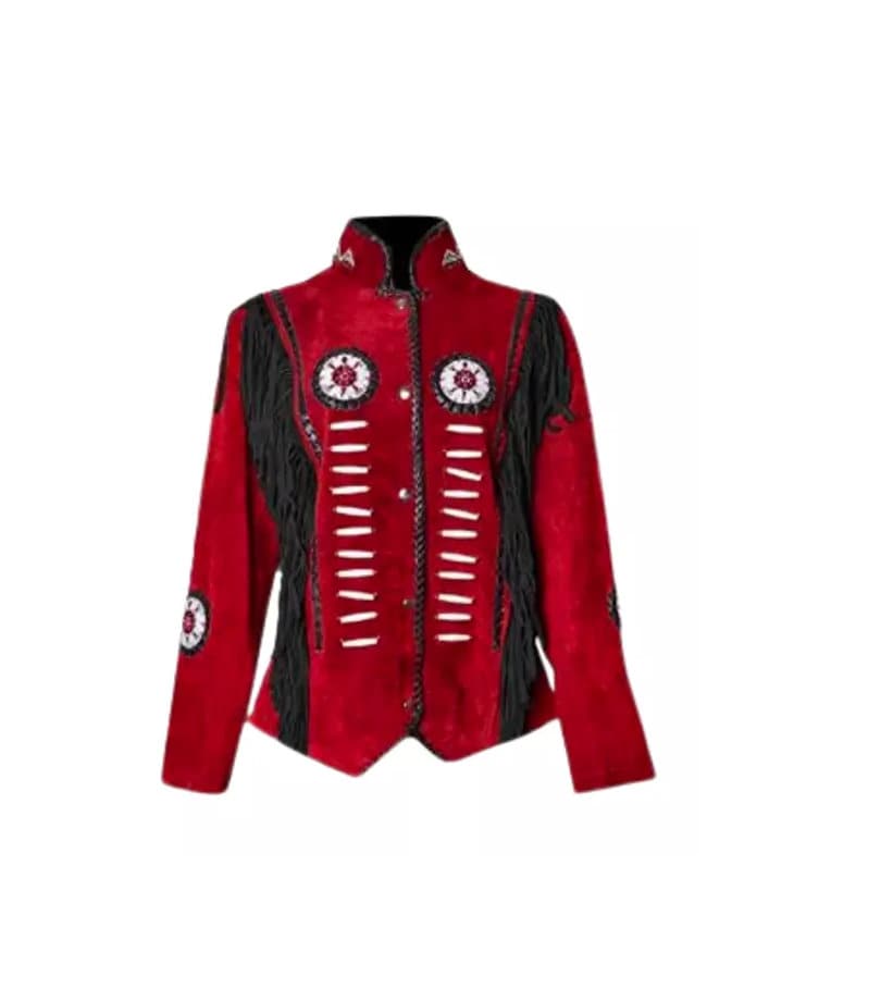 Women Suede Leather American Native Style Jacket Fringed & Beaded - Contrast Fringes  SWJ-015