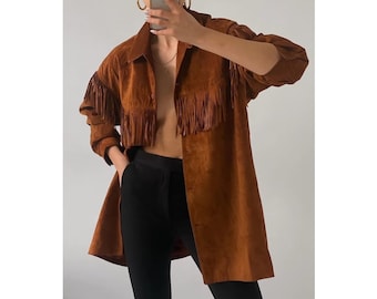 Women Suede Leather Western Style Jacket With Fringe - Brown Suede SWJ-010