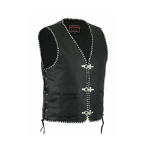 May include: Black leather vest with white stitching and silver buckles. The vest has a lace-up detail on the sides and a label that reads "Semauk Leather".
