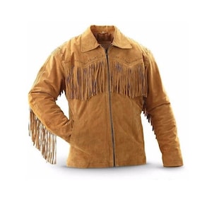 Veste en cuir de daim western amérindien pour hommes, veste de cowboy à franges, manteau SMJ-008