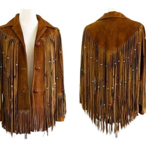 Veste en cuir velours de style occidental amérindien pour femme avec longues franges et perles - Marron SWJ-001