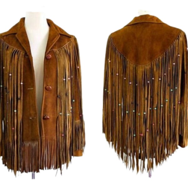 Women Native American  Western Style Suede Leather Jacket With Long Fringes & Beads Work - Brown SWJ-001