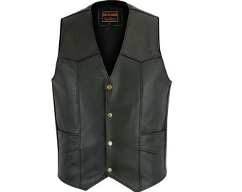 Men Black Real Leather Regular Biker Style Plain Vest Biker - Motorcycle Waistcoat SBV-010