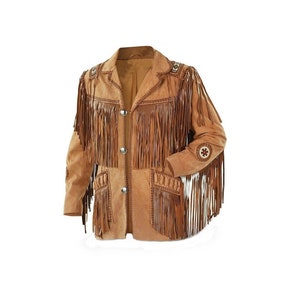 Veste en cuir suédée cowboy western amérindien pour homme, manteau à franges et perles SMJ-003