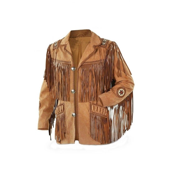 Men Native American Western Cowboy Suede Leather Jacket